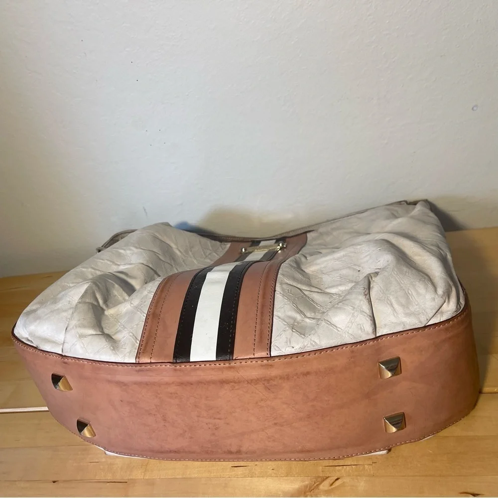 L.A.M.B. White Leather Hobo with Tan and Black Stripes